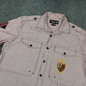Eight 732 Men 2XL Red White Striped Short Sleeve Crest Patch Shirt Y2K Urban
